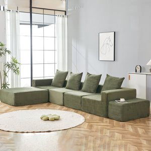 English Elm L-shaped Modular Sectional with Ottoman Corduroy Upholstery Four Seat Living Room Sofa Green W2699S00083
