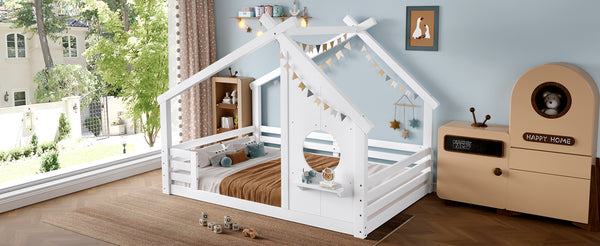 English Elm Full House Floor Bed with Roof Window and Shelf – Solid Pine Kids Loft-Style Low Bed, Durable Design White W1580P362693