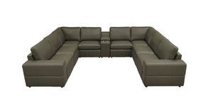 English Elm Premium Leather Match Sectional with Dual Recliners Console and Cup Holders Included Olive Green B2748S00161