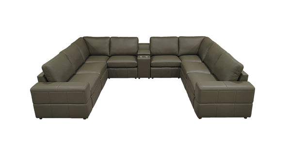 English Elm Premium Leather Match Sectional with Dual Recliners Console and Cup Holders Included Olive Green B2748S00161