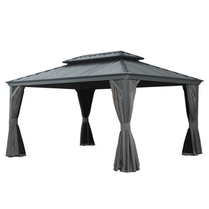 English Elm 12' Hardtop Gazebo with Built-In Drainage, Dual-Layer Galvanized Roof, Curtains & Mosquito Mesh Protection Gray W1859S00141