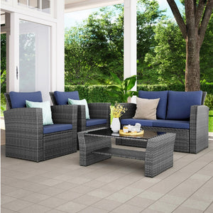 English Elm 4-piece Outdoor Wicker Conversation Set with Tempered Glass Table and Resort Style Blue+Brown B082S00057