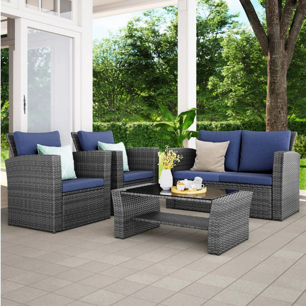 English Elm 4-piece Outdoor Wicker Conversation Set with Tempered Glass Table and Resort Style Blue+Brown B082S00057