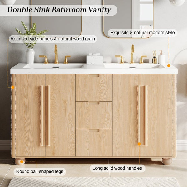English Elm [cabinet Only] 58 Inch Double Sink Vanity Base Wood Grain Mdf Soft Close Storage N759S425429N