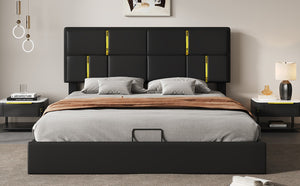 English Elm Queen Upholstered Storage Bed Gas Lift Platform with Gold Trim Pu Headboard N733S362241B