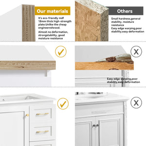 English Elm 30"black Matte Finish Bathroom Vanity with Soft Close Cabinet and Three Storage Drawers White W3133S00017