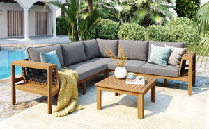 English Elm <old Old Sku Acacia Wood L-shaped Patio Sectional with Woven Rope Armrests Resort Cushioned Set Gray,Natural N704F201249E