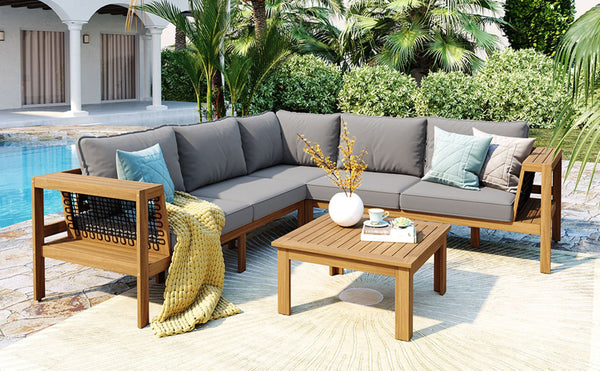 English Elm <old Old Sku Acacia Wood L-shaped Patio Sectional with Woven Rope Armrests Resort Cushioned Set Gray,Natural N704F201249E