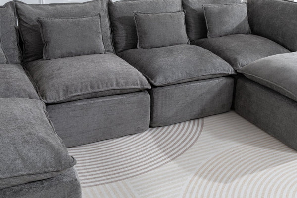 English Elm 129.8" Wide Modular Cloud Sectional Cotton Linen Sofa with Deep Foam Seats and Ottomans Antique Grey W2530S00015