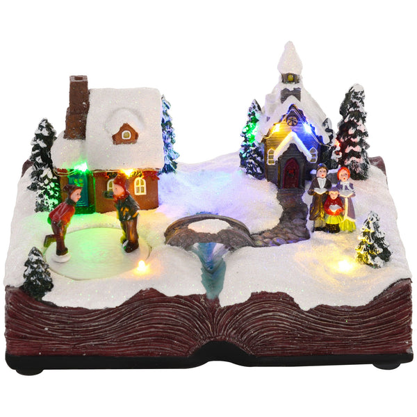 English Elm Homcom Illuminated Musical Christmas Village With Led Lights, Skaters & Open Bible Base Decor W2225P249704