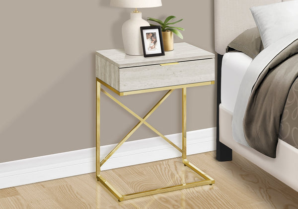 English Elm Accent Table With Beige Marble Look Top & Gold Metal Frame - Stylish Storage For Living Room & Bedroom B2710P219298