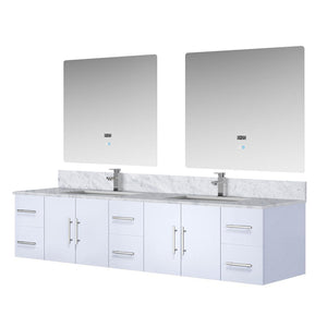 English Elm Glossy White Double Bath Vanity 84" W x 22" D with Carrara Marble Top, Chrome Faucet, LED Mirrors B2731S01053
