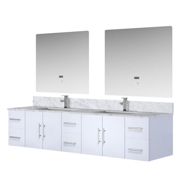 English Elm Glossy White Double Bath Vanity 84" W x 22" D with Carrara Marble Top, Chrome Faucet, LED Mirrors B2731S01053