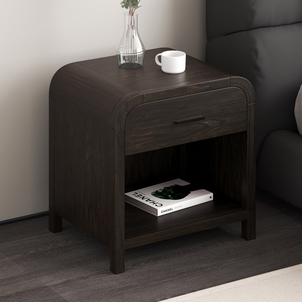 Worldwide Home Furnishings Bowman-1 Elegant 1-drawer Accent Table With Open Shelf And Charging Station For Versatile Decor Dark Walnut Engineered Wood,Oak Veneer 102-281dwt