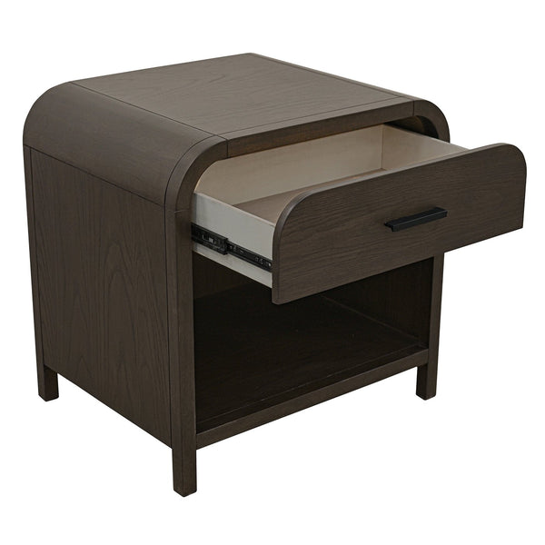 Worldwide Home Furnishings Bowman-1 Elegant 1-drawer Accent Table With Open Shelf And Charging Station For Versatile Decor Dark Walnut Engineered Wood,Oak Veneer 102-281dwt
