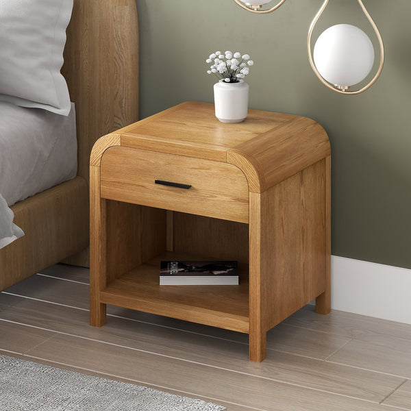 Worldwide Home Furnishings Bowman-1 Elegant 1-drawer Accent Table With Open Shelf And Charging Station For Versatile Decor Natural Engineered Wood,Oak Veneer 102-281nat