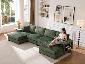 English Elm Convertible U-Shaped Sofa With Storage, Modern Corduroy Design For Spacious Living Rooms, Green W1793S00029