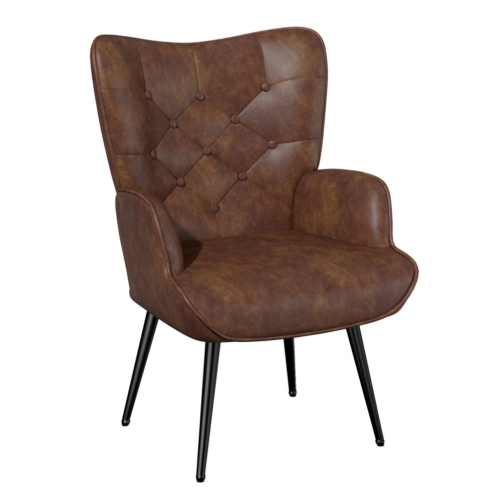 English Elm Elegant Upholstered Chair Ergonomic Wing-Back Armchair with PU Leather, Metal Legs, 150kg Capacity Brown T3950P394352