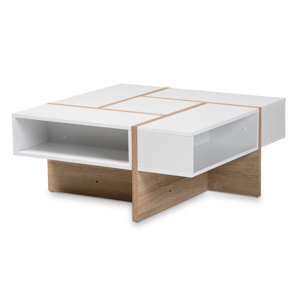 Baxton Studio Baxton Rasa Modern Two-Tone Coffee Table with Oak Finish - Stylish Storage & Chic Design for Your Home CT8004-White/Oak-CT