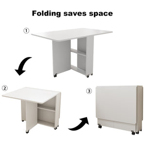 English Elm Folding Drop Leaf Dining Table with 6 Wheels, 2-Tier Storage Shelves, Space-Saving Expandable Table W3101P346286