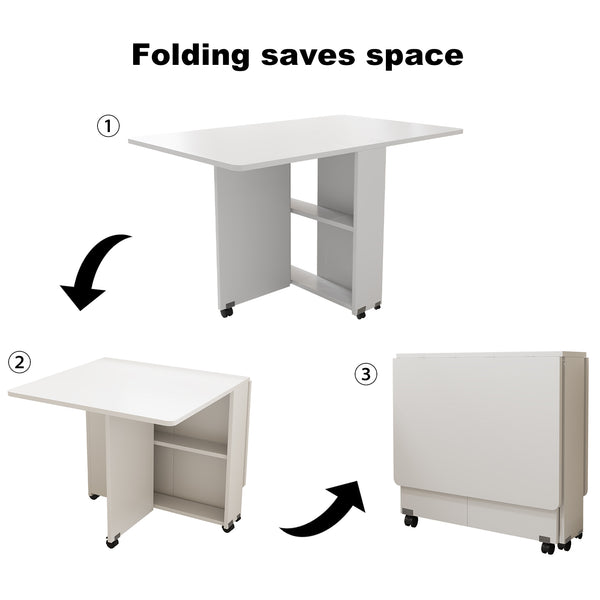 English Elm Folding Drop Leaf Dining Table with 6 Wheels, 2-Tier Storage Shelves, Space-Saving Expandable Table W3101P346286