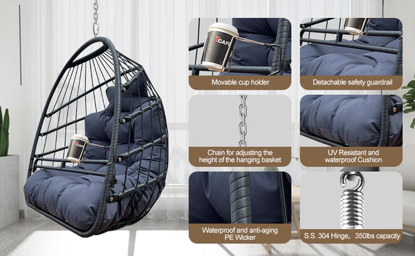 English Elm Swing Hammock Egg Chair with Wood-Grain Alloy Frame, UV-Resistant Rattan, Foldable 350lb Capacity Black W2707P184373