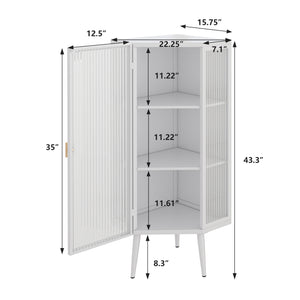 English Elm 22.25'' Floor Corner Cabinet with Tempered Glass Doors, Three-Tier Metal Frame Storage for Home White W757P180793