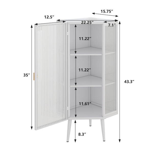 English Elm 22.25'' Floor Corner Cabinet with Tempered Glass Doors, Three-Tier Metal Frame Storage for Home White W757P180793
