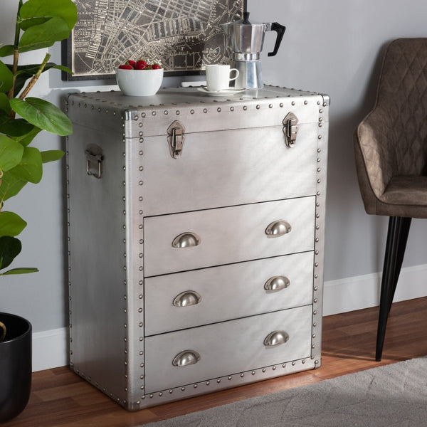 Baxton Studio Baxton Studio Serge Industrial Silver Metal 3-Drawer Storage Cabinet with Vintage Charm & Lift-Top JY17B168-Silver-Cabinet