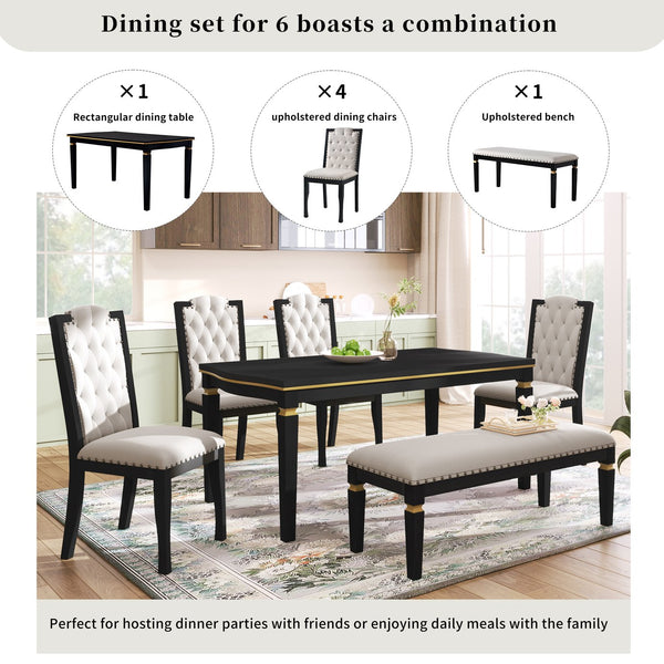 English Elm 6-Piece Kitchen Dining Set with 60" Rectangular Table, Tufted High-Back Chairs & Bench, Durable Wood Black N752S001080B