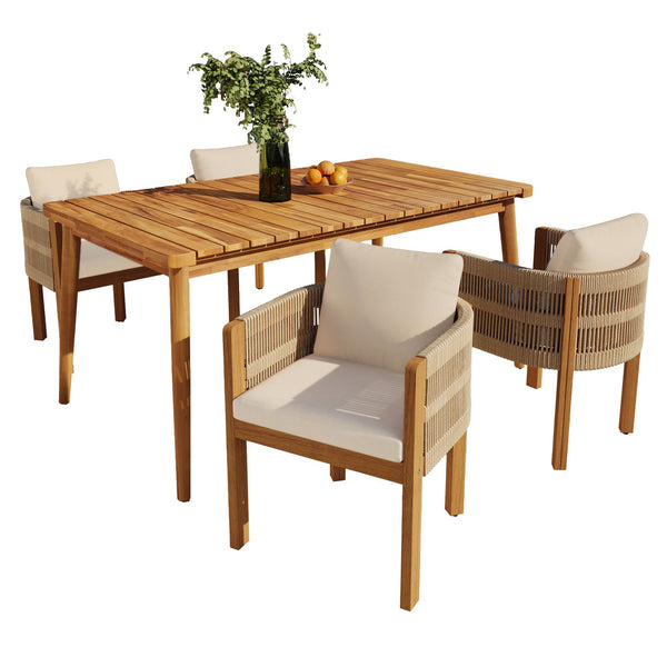 English Elm Christopher Knight Home® - Outdoor Dining Set with Acacia Wood Frames, 63" Slatted Table & 4 Chairs with Waterproof Washable Cushions Beige,Brown,Teak N779P269291N_N779P279983B-2