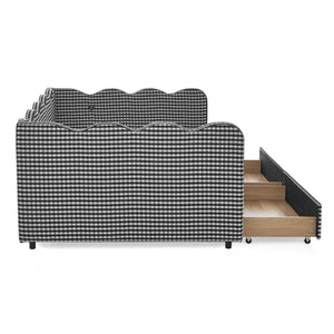 English Elm Full Size Gingham Linen Daybed with Wave Backrest Trundle and Usb Charging Port Black W1413S00154