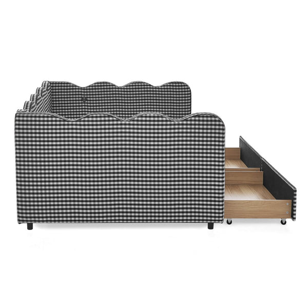 English Elm Full Size Gingham Linen Daybed with Wave Backrest Trundle and Usb Charging Port Black W1413S00154
