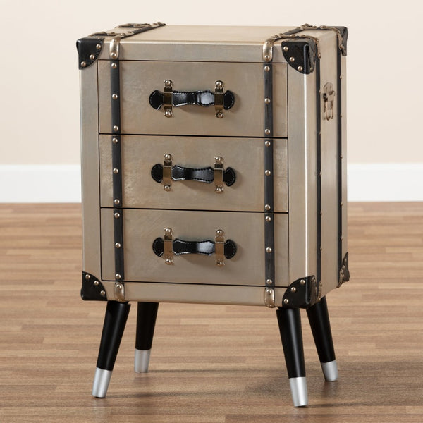 Baxton Studio Baxton Vintage Industrial 3-Drawer End Table – Antique Silver Metal Trunk Design for Unique Storage JY19A109-Silver-ET