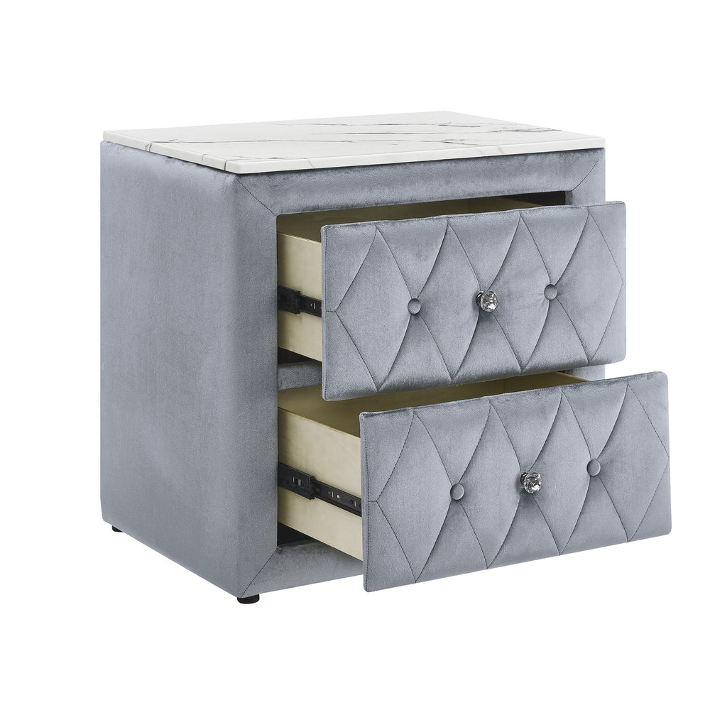 English Elm 1pc Velvet Tufted Nightstand with Faux Marble Top, Crystal Knobs and Two Drawers for Luxe Bedroom Gray 28.03 L x 20.28 W x 27.17 H B2741P321093