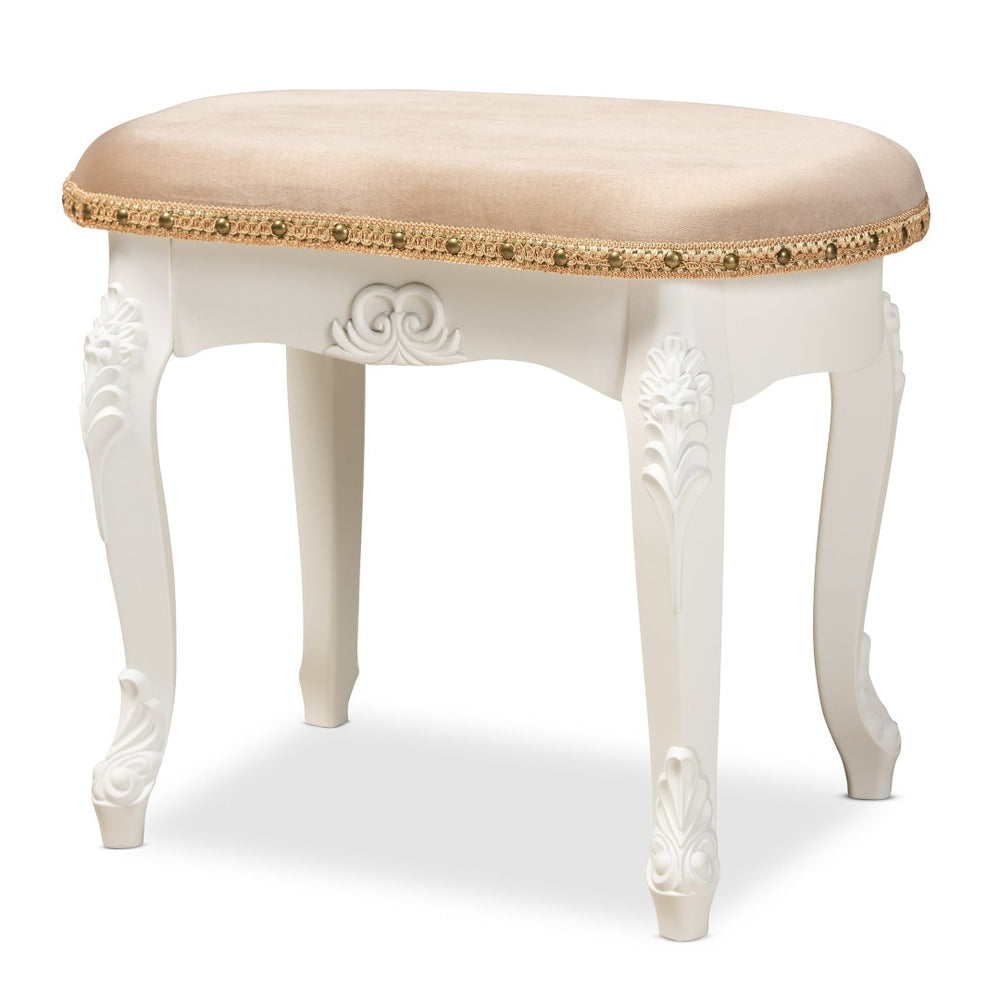 Baxton Studio Baxton Studio Gabrielle French Country Vanity Ottoman - Elegant Sand Velvet Seat & Gold Trim Accents HL6B-A012-White-Otto