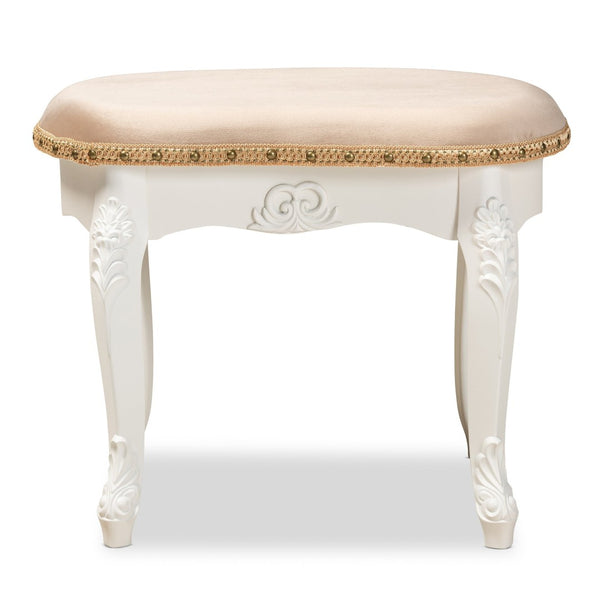 Baxton Studio Baxton Studio Gabrielle French Country Vanity Ottoman - Elegant Sand Velvet Seat & Gold Trim Accents HL6B-A012-White-Otto