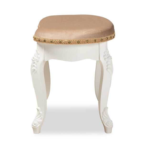 Baxton Studio Baxton Studio Gabrielle French Country Vanity Ottoman - Elegant Sand Velvet Seat & Gold Trim Accents HL6B-A012-White-Otto