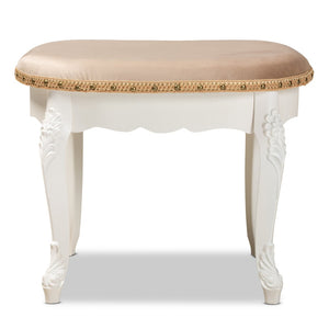 Baxton Studio Baxton Studio Gabrielle French Country Vanity Ottoman - Elegant Sand Velvet Seat & Gold Trim Accents HL6B-A012-White-Otto