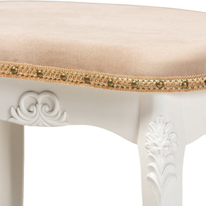 Baxton Studio Baxton Studio Gabrielle French Country Vanity Ottoman - Elegant Sand Velvet Seat & Gold Trim Accents HL6B-A012-White-Otto