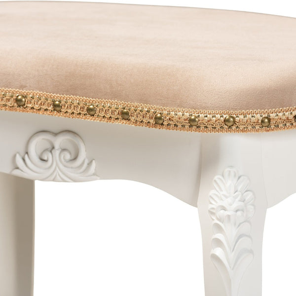 Baxton Studio Baxton Studio Gabrielle French Country Vanity Ottoman - Elegant Sand Velvet Seat & Gold Trim Accents HL6B-A012-White-Otto