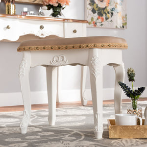 Baxton Studio Baxton Studio Gabrielle French Country Vanity Ottoman - Elegant Sand Velvet Seat & Gold Trim Accents HL6B-A012-White-Otto