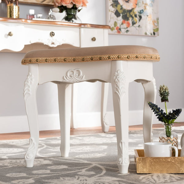 Baxton Studio Baxton Studio Gabrielle French Country Vanity Ottoman - Elegant Sand Velvet Seat & Gold Trim Accents HL6B-A012-White-Otto