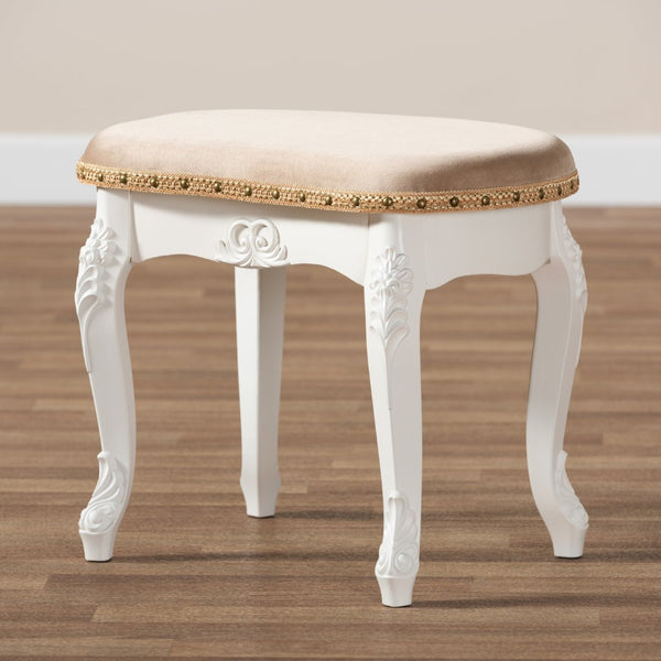 Baxton Studio Baxton Studio Gabrielle French Country Vanity Ottoman - Elegant Sand Velvet Seat & Gold Trim Accents HL6B-A012-White-Otto