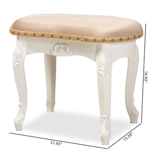 Baxton Studio Baxton Studio Gabrielle French Country Vanity Ottoman - Elegant Sand Velvet Seat & Gold Trim Accents HL6B-A012-White-Otto