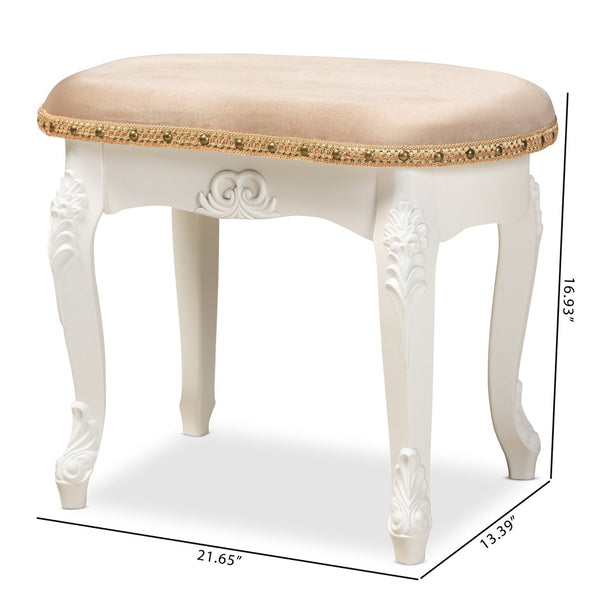 Baxton Studio Baxton Studio Gabrielle French Country Vanity Ottoman - Elegant Sand Velvet Seat & Gold Trim Accents HL6B-A012-White-Otto