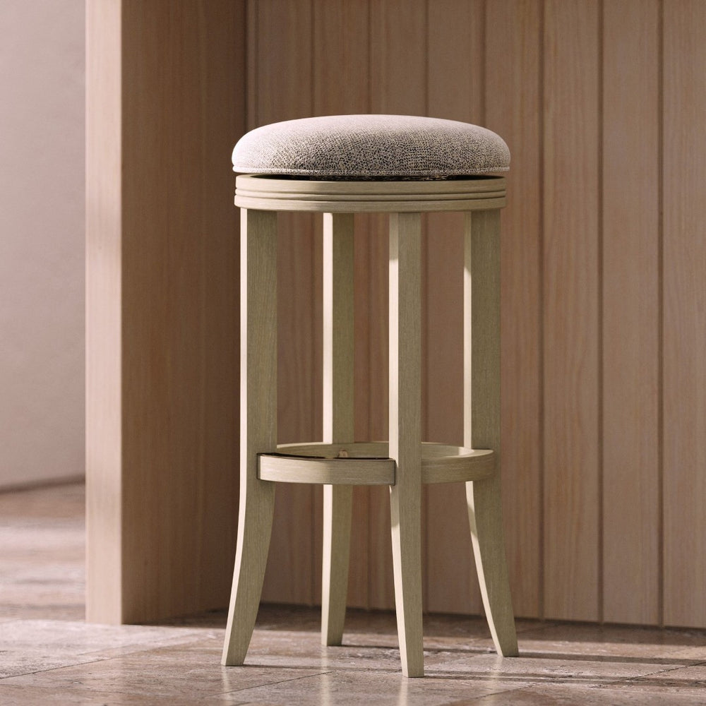 English Elm 31in. Backless Swivel Barstool Solid Wood Curved Legs Upholstered Seat Bar Kitchen Grey+Ivory B2751P436423
