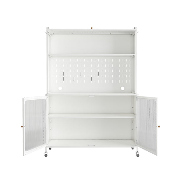 English Elm Kitchen Pantry Cabinet White Glass Doors Adjustable Shelves Side Hooks Rope Holes Slim 45"L Storage for Kitchen Living Dining Room Elegance T2398P272122