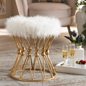 Baxton Studio Baxton Studio Leonie Glam White Faux Fur Ottoman with Gold Metal Base - Modern Accent Seat FJ5A-025-White/Gold-Otto