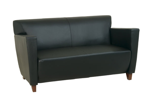 OSP Home Furnishings Black Bonded Leather Club Loveseat with Cherry Legs for Office or Modern Living Room SL8472